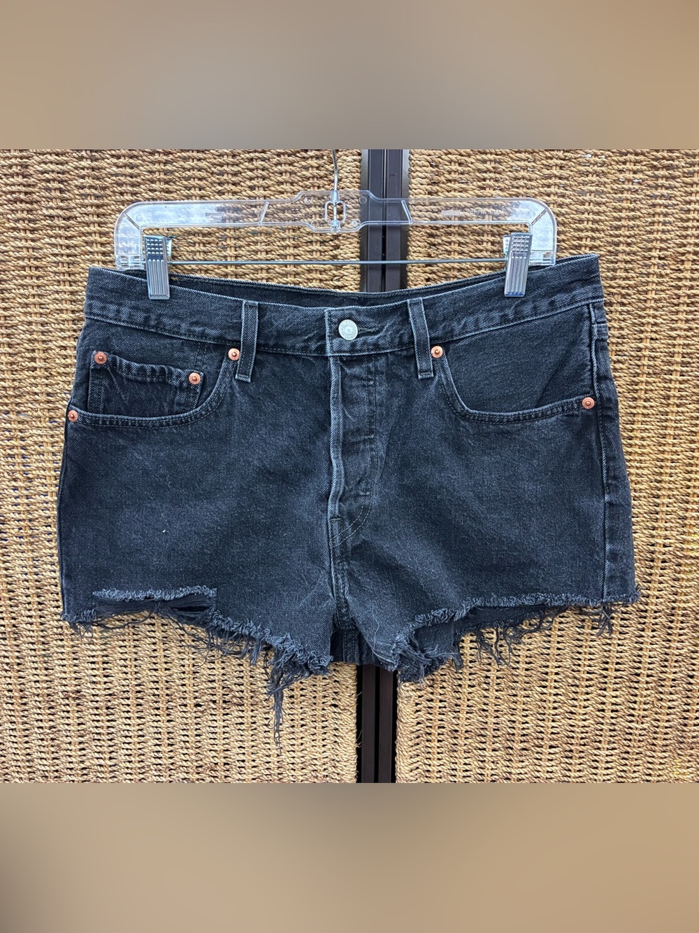 Levi’s 501 Black Denim Cutoff Shorts W30 Raw Hem Button Fly Distressed Shorts